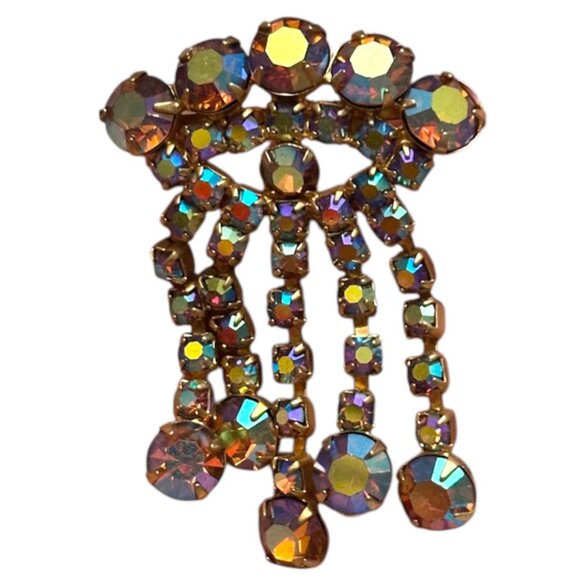 Vintage Gold Tone AB Rhinestone Dangle Brooch - Picture 1 of 2